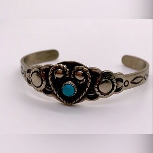 VTG NAVAJO CHILD's OPEN CUFF NICKEL SILVER BRACELET w/ HEART & TQ   SYMBOLS